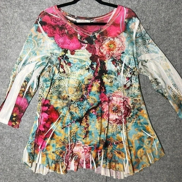 Cactus XL bohemian long sleeve whimsical blouse full of spring flowers - Picture 1 of 4
